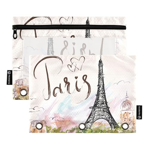 ZAZYXTJ Eiffel Tower Binder Pencil Pouchs 3 Ring with Zipper Clear Window | Office Organizers bag for School Students Teacher Supplies 2 Pack - color: Eiffel Tower
