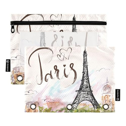 ZAZYXTJ Eiffel Tower Binder Pencil Pouchs 3 Ring with Zipper Clear Window | Office Organizers bag for School Students Teacher Supplies 2 Pack - color: Eiffel Tower