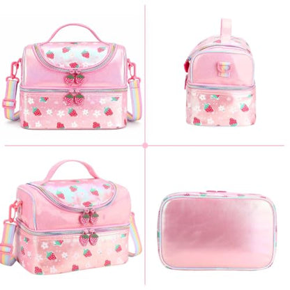 RHCPFOVR Kids Lunch Bag - Double Decker Cooler Insulated Lunch Box for Girls,Washable Lunch Bag and Reusable Toddler Lunchbox for School and Daycare - color: Strawberry