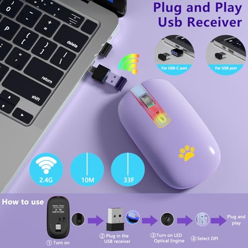 KARFUN Wireless Mouse, Backlit LED Portable Slim Computer Mouses for Laptop, PC, Computer, MacBook, iPad, Chromebook, Notebook, 2.4G Rechargeable Wireless Mouse (Light Purple)