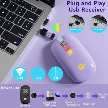 KARFUN Wireless Mouse, Backlit LED Portable Slim Computer Mouses for Laptop, PC, Computer, MacBook, iPad, Chromebook, Notebook, 2.4G Rechargeable Wireless Mouse (Light Purple)