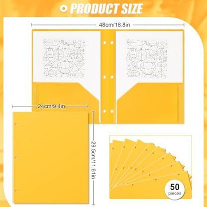 Yeaqee 50 Pcs Plastic Folders with Pockets Bulk 3 Hole Punched 2 Pocket File Folders for 3 Ring Binder Divider Folder for Notebooks, Durable Poly for Office Home (Yellow) - color: Yellow