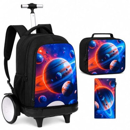 gxtvo Large Wheels & Quiet Glide | Rolling Backpack for Kids - Water-Resistant Wheeled Bag with Lunch Box for School, Travel & Outings - Space Planets - color: Rolling Backpack Space Planets Black