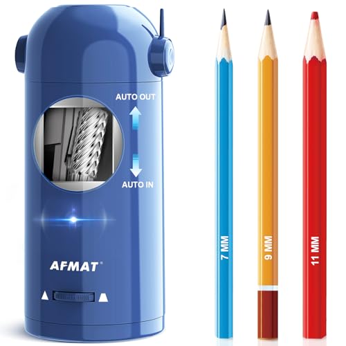 AFMAT Electric Pencil Sharpener, Fully Automatic Pencil Sharpener for 7-11.5mm Colored/Jumbo Pencils, Auto in & Out, Rechargeable Hands-Free Pencil Sharpeners for Classroom Home Office PSX5, Blue - color: Blue