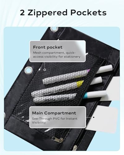 Pencil Pouch for 3 Ring Binder - 3 Hole Zipper Pen Case Bag Holder Bulk Accessories Clear Window Aesthetic Organizer Pockets - color: Black