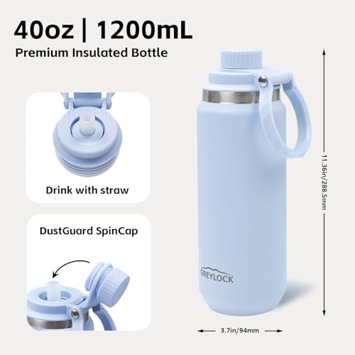 GREYLOCK 40 oz Insulated Water Bottle with Straw Lid, Leakproof Reusable Stainless Steel Vacuum Flask, 24hr Cold & Hot, Carry Handle & Silicone Spout, BPA-Free for Gym, Hiking, Travel,Blue - color: Glacier, size: 40 Ounces