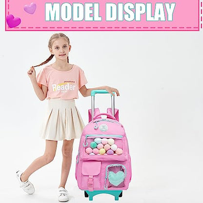 Rolling Backpack for Girls Kids Backpack with Wheels Backpacks for Elementary with Lunch Box Pencil Case Trolley Luggage - color: Pink