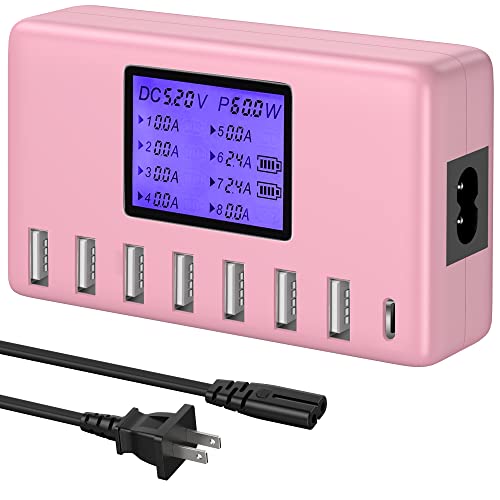 USB Charger, slitinto 60W 12A 8-Port USB Charging Station Multi Port USB Hub Charger Compact Size LCD Display Compatible with iPhone iPad Samsung Kindle Tablet Bluetooth Earbuds and More - color: Pink