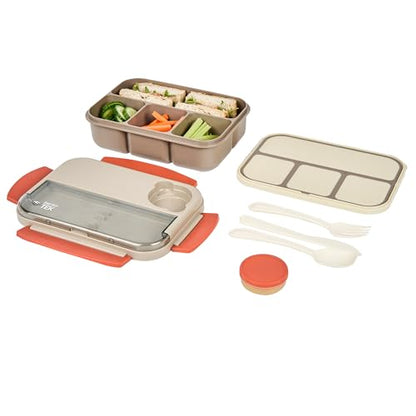 Restaurantware-Bento Tek 43.9 Ounce Bento Box, 1 Reusable Lunch Container - With Cutlery, Does Not Contain BPA, Brown And Orange Plastic Reusable Lunch Box, Sauce Cup Included, Microwavable - size: 1 Count, style: 44 oz - Brown