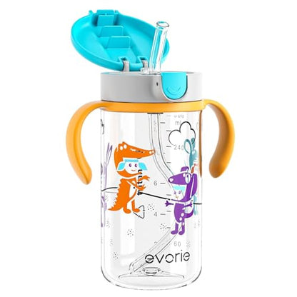 Evorie Tritan Spill Proof Toddler Straw Sippy Cup, 10 oz for Baby and Toddlers 1-3 Years Old, No Spill Straw Water Bottle with Removable Handles, Ideal for School, BPA-Free (Imaginations) - color: Imaginations