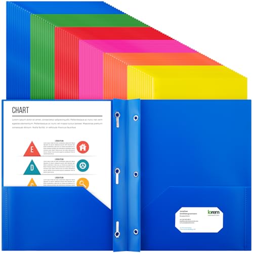 Cholemy 72 Packs Pocket Folders with Prongs Heavy Duty Plastic Folder with Business Card Slot 3 Prong Fasteners for School Office (Vivid) - color: Vivid