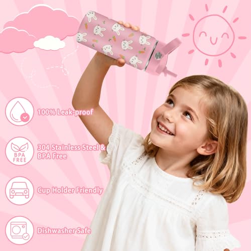 Hiboss Rabbit Water Bottle for Girls, 16oz Kids Water Bottle Stainless Steel Insulated with Straw Lid, Pink Rabbits Travel Cup Tumbler for Birthday Gift - color: Rabbit