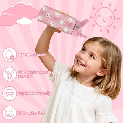 Hiboss Rabbit Water Bottle for Girls, 16oz Kids Water Bottle Stainless Steel Insulated with Straw Lid, Pink Rabbits Travel Cup Tumbler for Birthday Gift - color: Rabbit