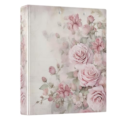 3 Ring Binder Pink Rose Flower Muted Color 1.5 inch Binders Three Ring Binders with Clipboard Fit 8.5'' x 11'' Paper 3 Interior PVC Clear Pockets for Office Supplies - color: Multi49, size: 1 Pack