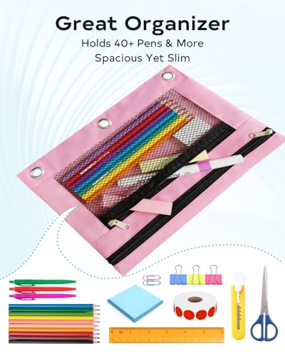 Pencil Pouch 3 Ring Binder: 3 Ring Binder Pencil Case Bag Zipper Pencil Pouch Bulk Holder Accessories Clear Window Pencil Case Aesthetic Pencil Organizer Pockets (Pink, 1), 3RB-muti - color: Pink