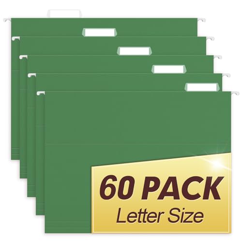 HERKKA Hanging File Folders, 60 Pack Reinforced Letter Size Hanging Folders, Designed for Bulky Files, Filing Cabinet, 1/5-Cut Adjustable Tabs (Green) - color: Green