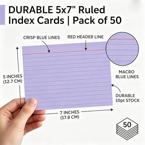 5x7 Purple Index Cards 50 Count, Large Ruled Note Cards with Rings for Creative Notes — 250gsm Heavy Cardstock Lined Flashcards for Vocabulary, Language Learning & Home Filing - color: Purple - 50 Pack