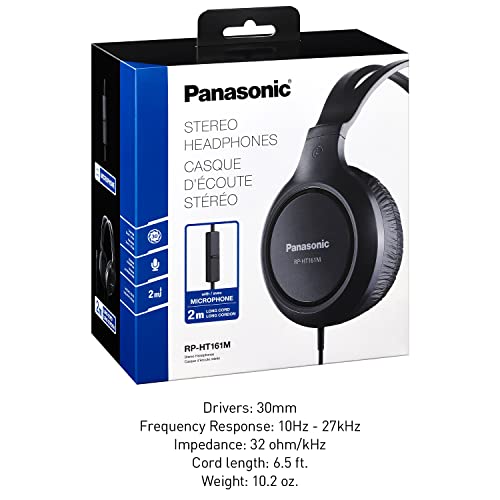 Panasonic Headphones, Lightweight Over The Ear Wired Headphones with Microphone, Sound and XBS for Extra Bass, Long Cord, 3.5mm Jack for Phones and Laptops – RP-HT161M (Black) - size: 4.1 x 7.2 x 7.6 inches (Pack of 1), style: Over Ear - With Mic