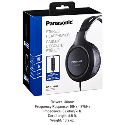 Panasonic Headphones, Lightweight Over The Ear Wired Headphones with Microphone, Sound and XBS for Extra Bass, Long Cord, 3.5mm Jack for Phones and Laptops – RP-HT161M (Black) - size: 4.1 x 7.2 x 7.6 inches (Pack of 1), style: Over Ear - With Mic