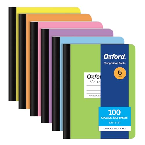 Oxford Composition Notebooks, 6 Pack, Cover Colors Vary, College Ruled Paper, 9-3/4 x 7-1/2 Inch School Journals, Assorted Pastel Covers, 100 Sheets, per Book (63760) - size: College Rule