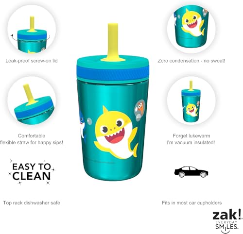 Zak Designs Baby Shark Kelso Tumbler Set, Leak-Proof Screw-On Lid with Straw, Bundle for Kids Includes Plastic and Stainless Steel Cups with Bonus Sipper (3pc Set, Non-BPA) (Pack of 12) - color: Baby Shark, size: 3 Piece Set (Pack of 12)