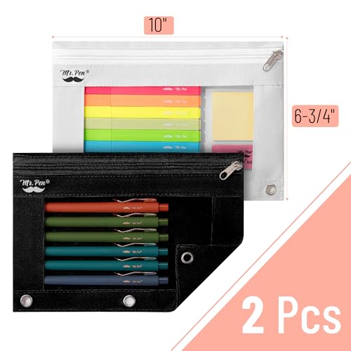 Mr. Pen- Pencil Pouch for 3 Ring Binder, 2 Pack, 10"x6.75", Smooth Zipper | Clear Window, Large Capacity Pencil Case with 3 Reinforced Grommets for School, Office, Supplies Storage | Clear Window, Large Capacity Pencil Case with 3 Reinforced Grommets for