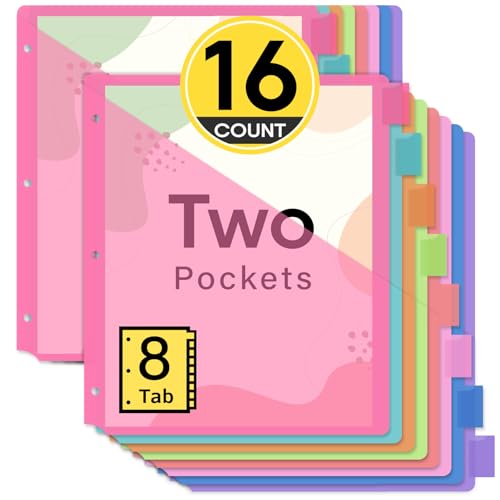 Taja 16 Count Dividers for 3 Ring Binder with Two Pockets, 8 Tabs Set, Plastic Binder Index Dividers, Perfect for Office & School Organization Supplies, Bright Colors, 2 Set - size: 2 Set