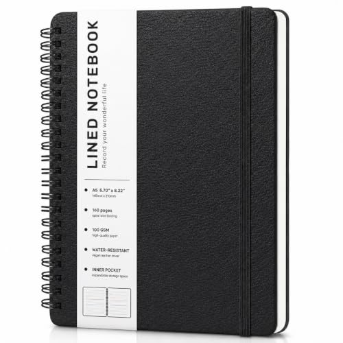 Lined Spiral Notebook for Women, A5 College Ruled Leather Spiral Journals | 160 Pages Small Journaling Notebooks, 5.7"x11" Note Book for Writing, Work, School, Men, Hardcover Leather Journals, Black - color: Black, size: A5