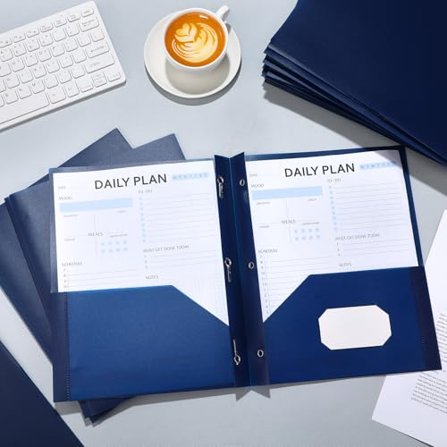 Cholemy 72 Packs Pocket Folders with Prongs Heavy Duty Plastic Folder with Business Card Slot 3 Prong Fasteners for School Office (Navy Blue) - color: Navy Blue