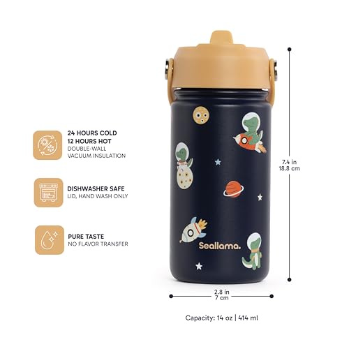 Seallama. Kids Water Bottle -14 oz Stainless Steel Tumbler with Straw Lid, Vacuum Insulated Double Wall Travel Cup, Leak-Proof Reusable Drink Bottle for School & Everyday Hydration - color: Cosmo Croc