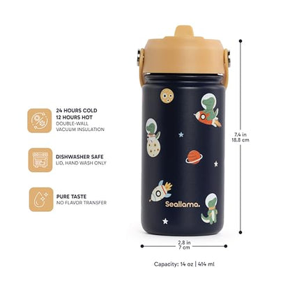 Seallama. Kids Water Bottle -14 oz Stainless Steel Tumbler with Straw Lid, Vacuum Insulated Double Wall Travel Cup, Leak-Proof Reusable Drink Bottle for School & Everyday Hydration - color: Cosmo Croc