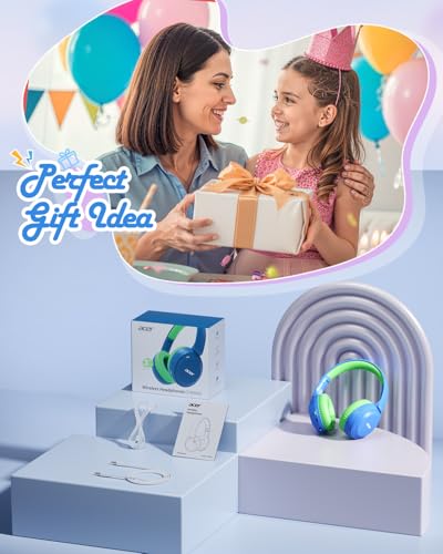 Acer Kids Bluetooth Headphones, 85/94dB Volume Limiter, Foldable Wireless Over-Ear Headphones for iPad, Travel, 60H Playtime, Bluetooth 6.0, Built-in Mic, Blue Green - color: Blue Green