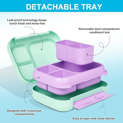 Kids Bento Lunch Box, 5-Compartment Leakproof Container with handle Movable Snack Box BPA-Free, Dishwasher & Microwave Safe Utensils Included for Kids/Adults | School, Office & Travel | Green - color: Green-41oz