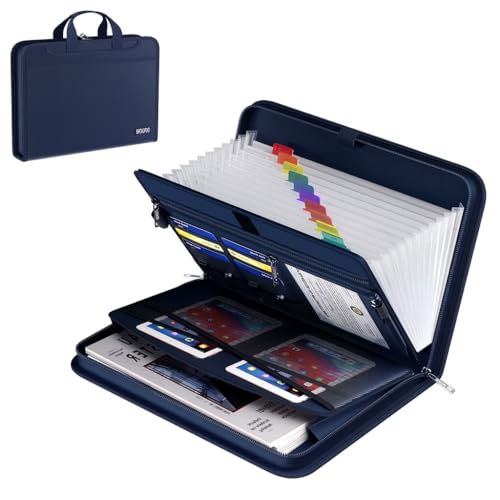 Fireproof & Waterproof Accordion File Organizer – Fireproof File Folder with Handle, 13-Pocket Expanding Paperwork Organizer for A4/Letter Documents, Travel File Storage (Blue) - color: Blue