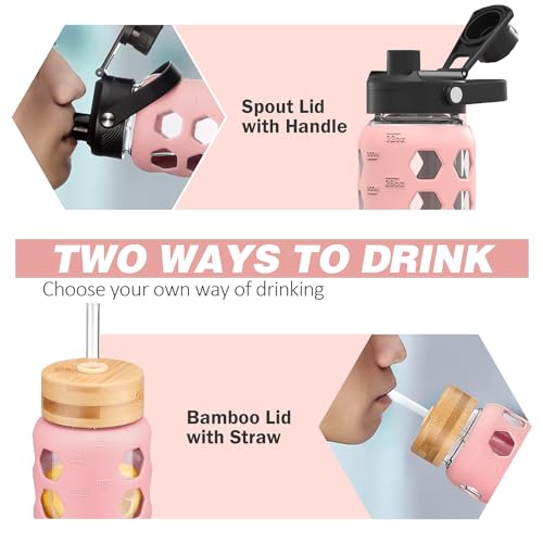 MUKOKO Glass Water Bottle, 32oz, Pink | Glass Tumbler with Straw, Drinking Bottles with 2 Lids-Handle Spout Lid & Bamboo Straw Lid, Silicone Sleeve, 1 Pack - color: Pink, size: 32 Ounces