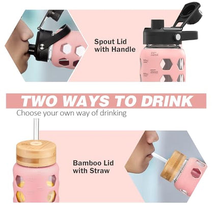 MUKOKO Glass Water Bottle, 32oz, Pink | Glass Tumbler with Straw, Drinking Bottles with 2 Lids-Handle Spout Lid & Bamboo Straw Lid, Silicone Sleeve, 1 Pack - color: Pink, size: 32 Ounces