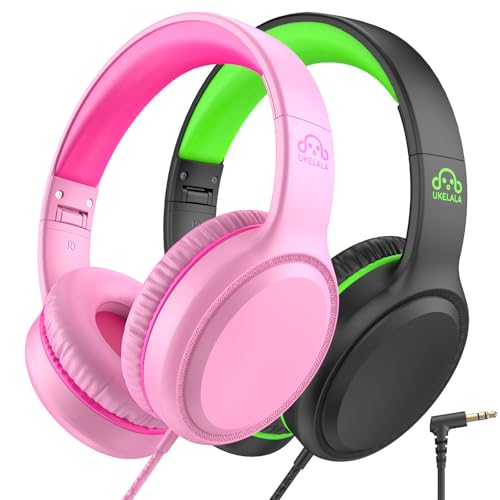 UKELALA U2 2 Pcs Wired Headphones for Kids Boys Girls, On Ear Youth Headphones for School Airplane Travel, Lightweight Portable Compatible with Tablet Computer Laptop for Adults Student Green & Pink - color: Green&Pink