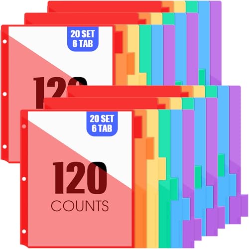 Chuangdi 120 Count Binder Dividers with Tabs Pockets 20 Sets 6 Tab Multicolor Plastic Dividers for 3 Ring Binder for School Office Document Organizers Protection - color: Multicolor