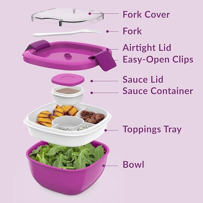 Bentgo Salad Container - 54 oz Bowl with 4-Compartment Toppings Tray, Leak-Proof Dressing Container, Reusable Fork, BPA-Free Lunch Box for Meal Prep & Food Storage; Removable Bento Tray (Purple) - color: Purple