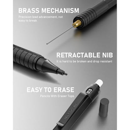 Nicpro 0.5 mm Mechanical Pencils Set with Case, Full Metal Pencil, 3 Pack | 480PCS HB Lead Refills, 3 Erasers,9 Eraser Refills For Architect Art Writing Drafting, Drawing, Engineering, Sketching, Black - color: Black, style: 0.5 MM