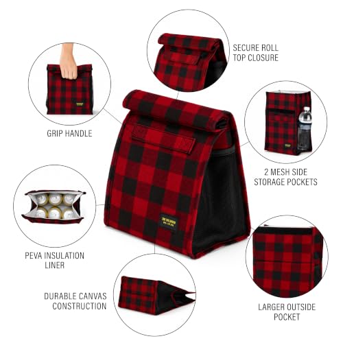 2nd Childhood Insulated Lunch Bag for Men, Durable & Reusable, Plaid Red | Slim lunch bag with carry handle, two mesh side pockets and a back slip pocket; insulated liner keeps food cool - color: Buffalo Red