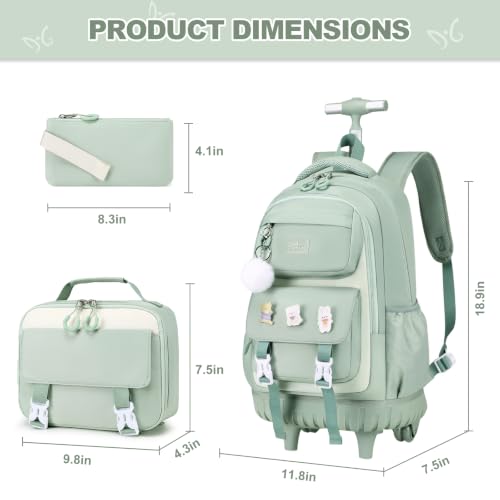 DIGOBAY 3-IN-1 Kids Rolling Backpack for Girls with Lunch Bag Pencil case, Green Kawaii Backpack with Wheels for Girls Roller School Bag with Wheels for Teen Elementary School Bookbags with Cute Pins - color: Green