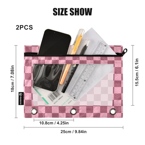 Palevioletred Buffalo Plaid Binder Pouches 3 Ring for Boys Girls School Office College Supplies Pink Chessboard Lightpink Pencil Pouches Case Bag with Clear Window and Zipper 2 Pack - color: Palevioletred