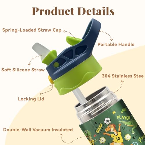 Soccer Water Bottle for Kids - 12oz Dinosaur Kids Water Bottle with Straw, Stainless Steel Tumbler, Insulated, Leak-proof, BPA-free, Pop-up Straw Lid, for School - Children Birthday Gift Cup(1pc) - color: Dinosaur Soccer