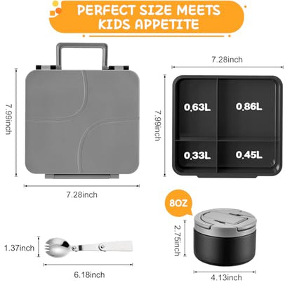 MAXSO Bento Lunch Box Set for Kids with 8 oz Soup Thermo, Leakproof Hot Food Container with 4 Compartments, Insulated Food Jar for Toddler Daycare Boys Girls School - Black - color: Black