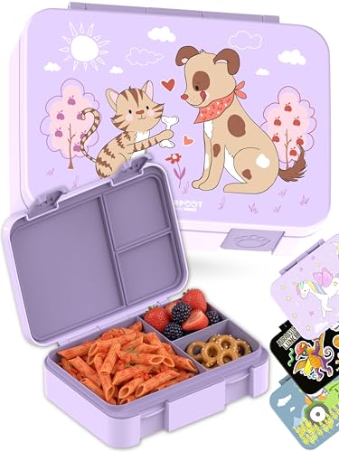 BEARFOOT Kids Lunch Box with Compartments – Compact & Lightweight | Leak-Proof, BPA-Free, Dishwasher Safe | Hand-Drawn Design for Preschool, School, Travel (Dog & Cat Purple, 4 Cups) | BPA Free Leakproof Lunch Box with Compartments School & Nursery for Gi