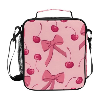 ALAZA Bow Cherry Pink Lunch Box Insulated Lunch Bag Girls Lunch Cooler Bag Tote Freezable Shoulder Strap Lunchbox Thermal Meal Tote Kit for Girls School Picnic - color: Multi1