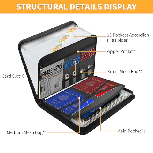 JUNDUN 5200℉ Fireproof Document Organizer, Multi-Pockets Accordion File Organizer with Zipper & Labels, Upgraded Heat Insulated 13 Pockets Expanding File Folder for Letter A4 Files and More