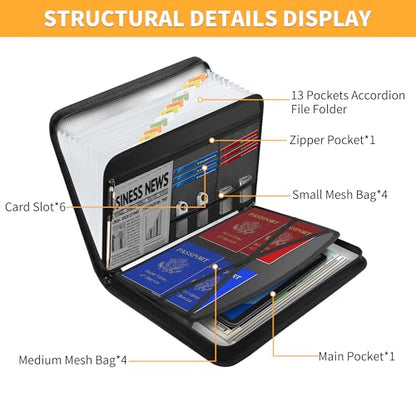 JUNDUN 5200℉ Fireproof Document Organizer, Multi-Pockets Accordion File Organizer with Zipper & Labels, Upgraded Heat Insulated 13 Pockets Expanding File Folder for Letter A4 Files and More