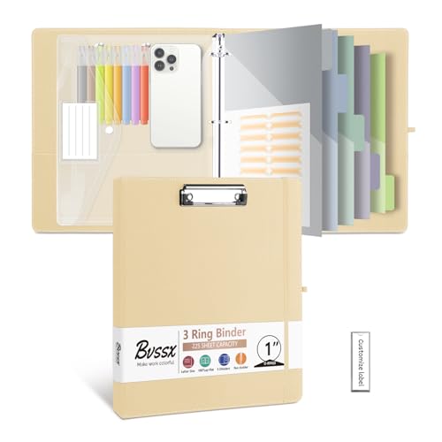 1 Inch 3 Ring Leather Binder Organizer, BVSSX Three Ring Binders with Clipboard, Plastic Folder, 5-Tabs Pocket Dividers with Sticker Labels, Pen Loop, Elastic Strap (Beige,Letter Size) - color: Beige, size: 1in（Letter Size）